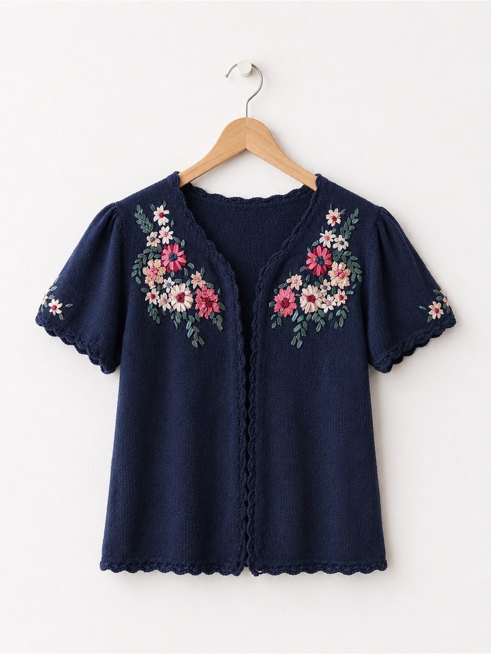 Vintage Sweater Knit Cardigan with Floral Ribbon Embroidery | Short Sleeve